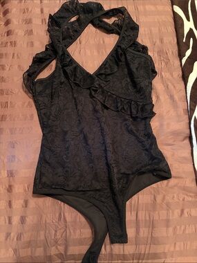bebe Black Lace Ruffle One-Piece Bodysuit